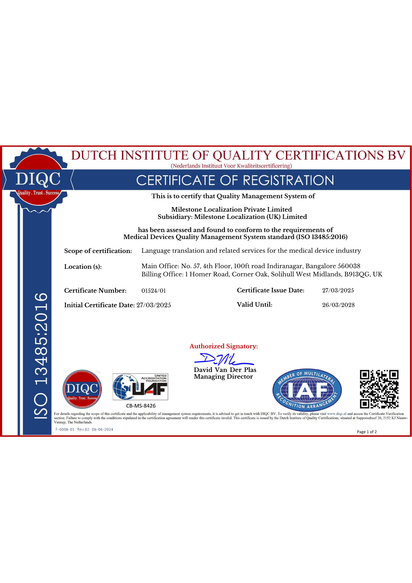 ISO 13485:2016 certified medical device quality management certificate of Milestone Localization