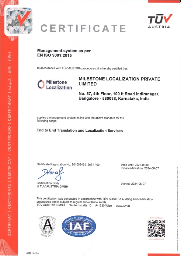 Milestone Localization ISO 9001-1 ISO 9001:2015 Certified Translation Agency