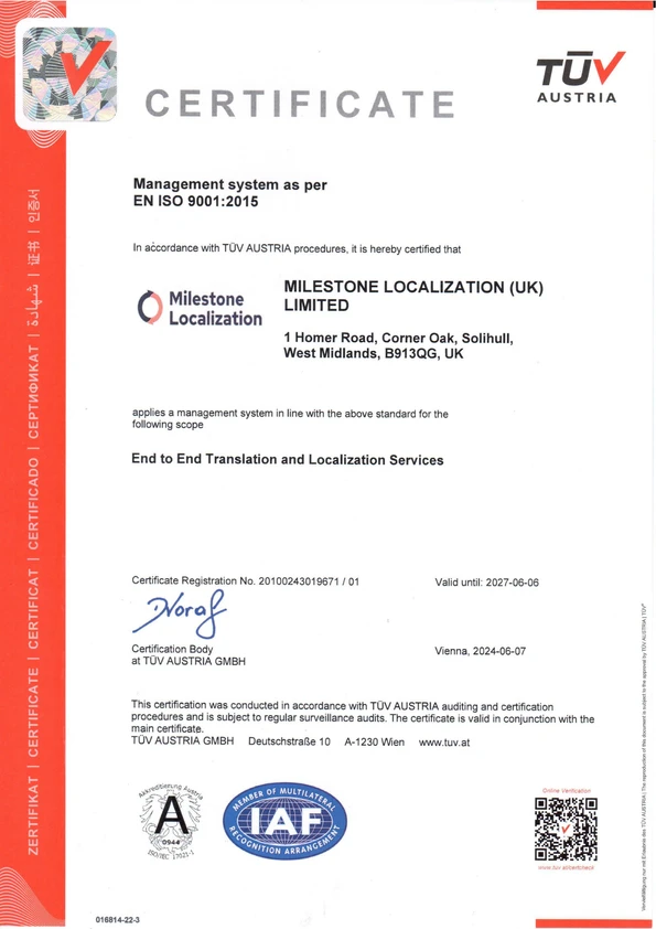 ISO 9001:2015 Certified Translation Agency